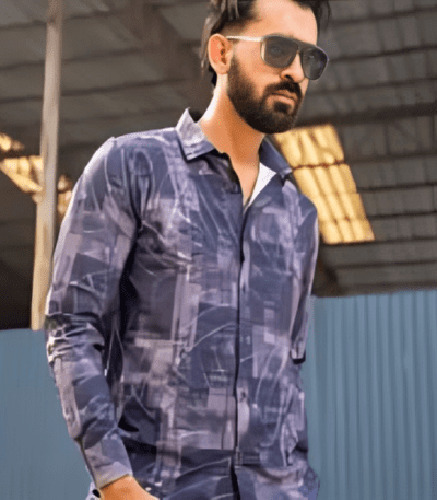 Dark Blue Patterned Cotton Man Casual Modern Shirt