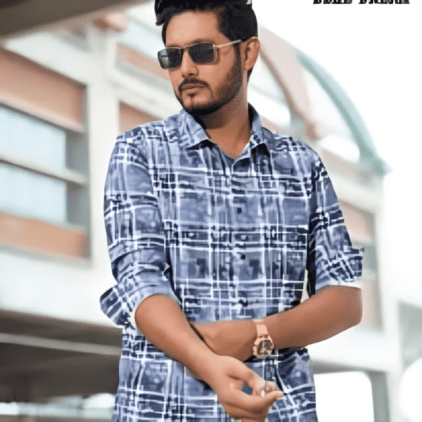 Blue Checked Cotton Man Casual Modern Shirt