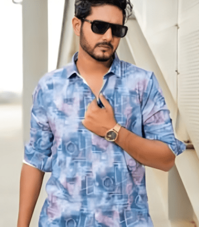 Light Blue Floral Cotton Man Casual Modern Shirt