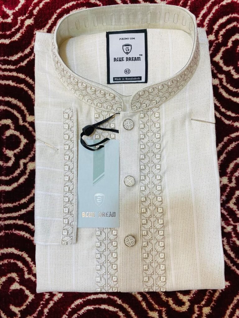 Cream & Gold Embroidered Cotton Panjabi