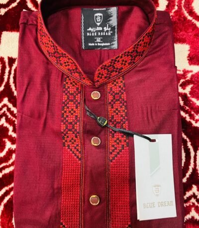 Red & Black Embroidered Cotton Panjabi