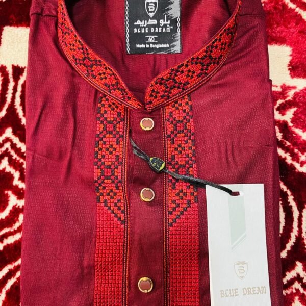 Red & Black Embroidered Cotton Panjabi